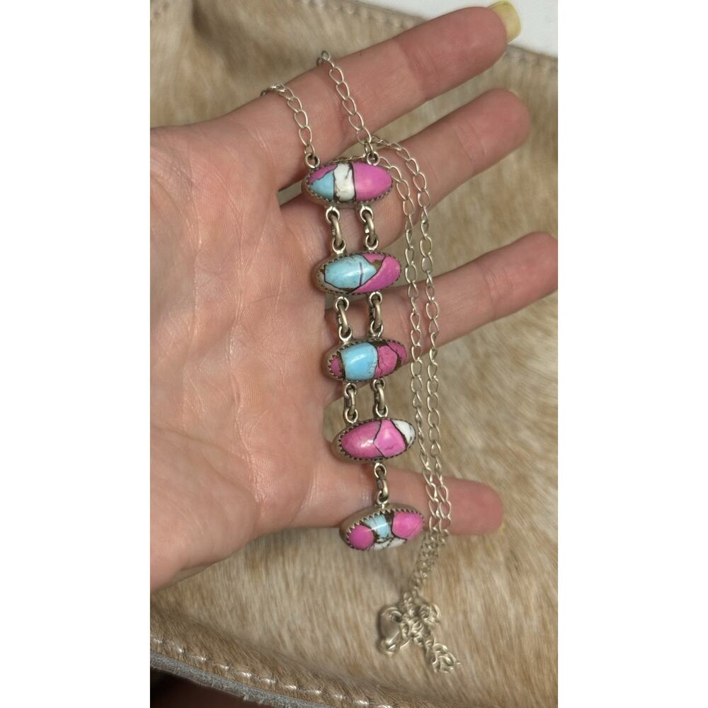 Native American SW Sterling Silver Cotton Candy Dahlia 5 Stone Lariat Necklace